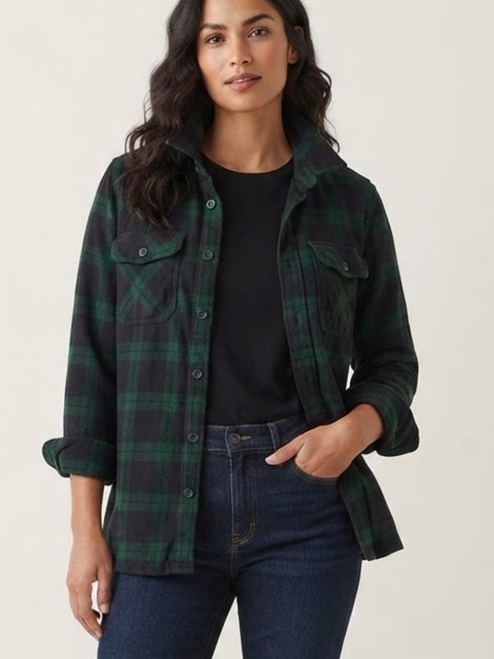 LL Bean Sz M Vintage Fleece Lined Plaid Green Blue Flannel Button Front Shacket
